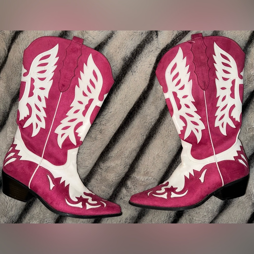 Nasty Gal Fuchsia and White Heeled Western Boots